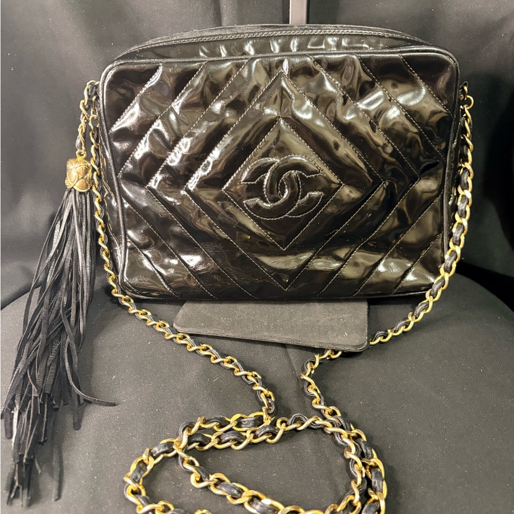 Chanel Vintage Black Quilted Patent Leather Crossbody Bag